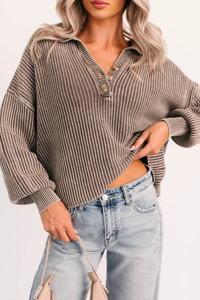 Cozy Women's Dark Brown Mineral Wash Knit Polo Sweater - Relaxed Fit with Stylish Button Detail for Effortless Elegance