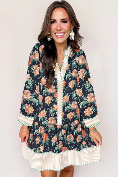 Stylish Women's Blue Floral Mini Dress with Striped Trim, V-Neck, Long Sleeves, and Ruffle Hem for Effortless Charm