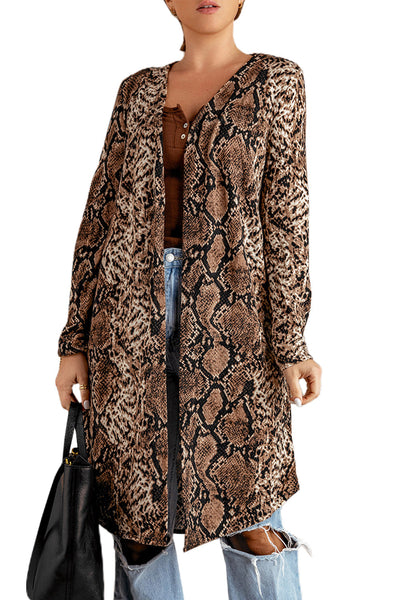 Women's Brown Snake Print Longline Slim Blazer with Lapel