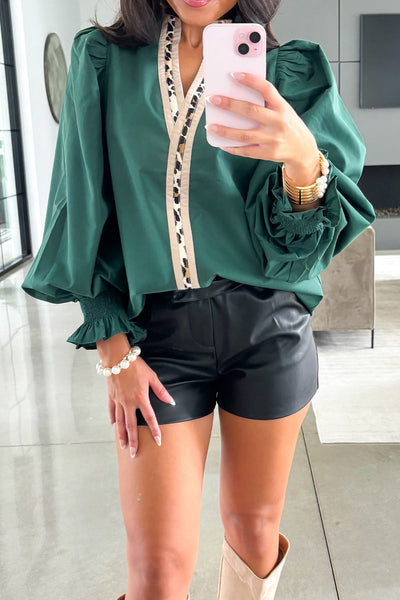 Women's Leopard Trim V-Neck Blouse with Puffy Flounce Sleeves in Evergreen - Chic & Stylish Top for Any Occasion
