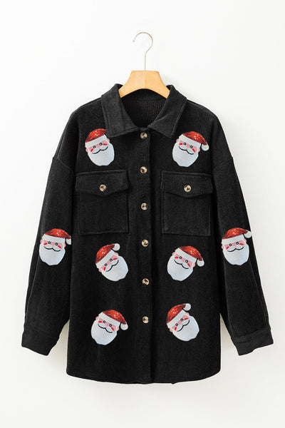 Women's Black Sequin Santa Ribbed Corduroy Shacket