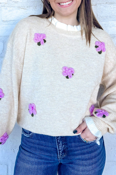 Beige Floral Contrast Trim Sweater for Women with Cuffed Sleeves Cute, Cozy Everyday Fashion Essential