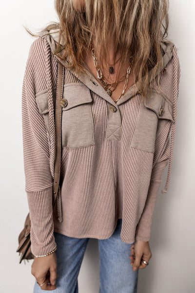 Casual Women's Dark Brown Patchwork Hoodie with Flap Pockets & Adjustable Drawstring for Everyday Comfort