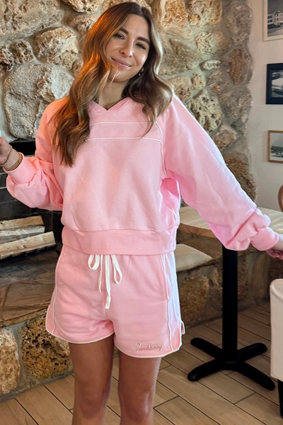 Light Pink V-Neck Pullover and Drawstring Shorts Set for Women - Chic Casual Summer Lounge Outfit