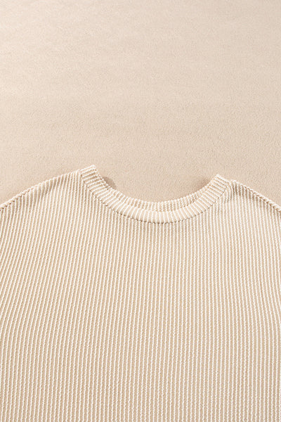 Chic Women's Parchment Corded Knit Long Sleeve Top & High-Waisted Shorts Set - Cozy Loungewear for Effortless Style