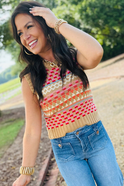 Stylish Women's Khaki Knit Slim Tank Top with Playful Geometric Pattern - Ideal for Casual Wear or Layering