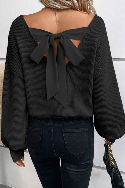 Cozy Women's Black Lantern Sleeve V-Neck Sweater with Knot Back Stylish and Comfortable for Every Occasion
