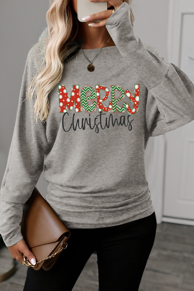 Women's Light Grey Merry Christmas Dolman Top with Extended Cuffs