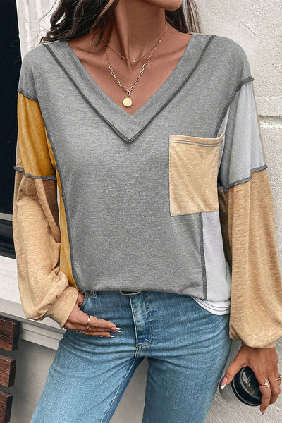Trendy Women's Colorblock V-Neck Long Sleeve Top with High Exposed Stitching Stylish and Vibrant for Any Occasion