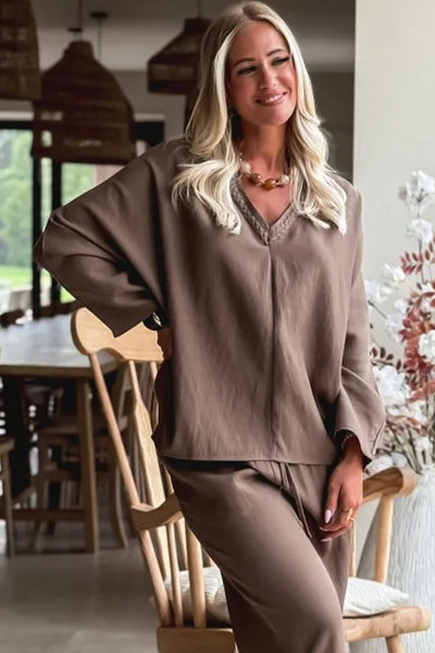 Women's Dark Khaki Oversized V-Neck Top & Drawstring Loose Pants Set with Braided Trim Stylish 2-Piece Outfit