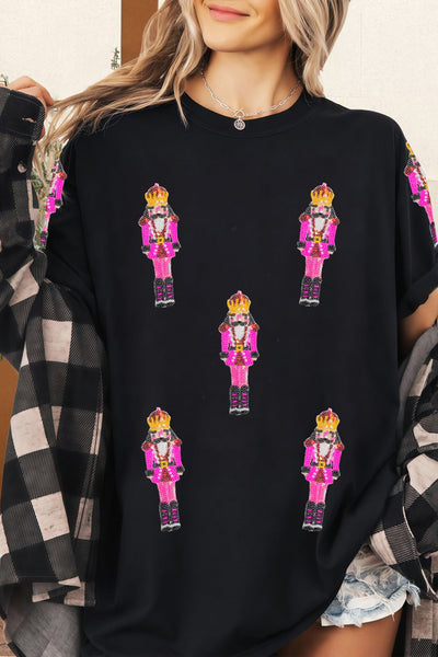 Women's Sequin Pink Nutcracker Relaxed Holiday Graphic Tee