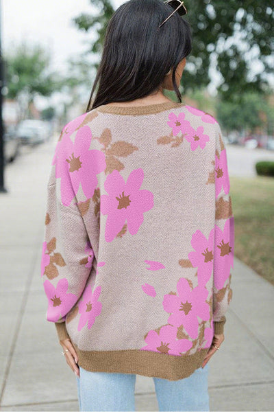 Women's Cozy Khaki Floral Print Sweater - Casual Chic Drop Shoulder Knit for Effortless Everyday Style