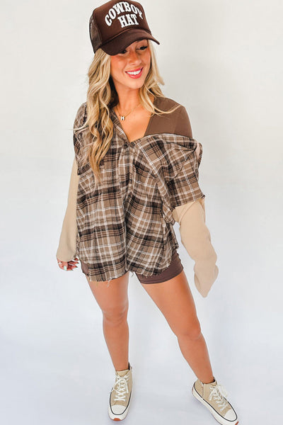 Trendy Women's Khaki Plaid Hooded Shacket with Frayed Edges - Stylish Layering Essential for Effortless Casual Looks