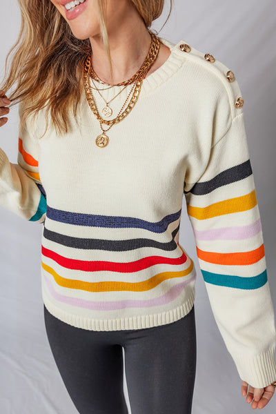 Chic White Striped Drop Shoulder Sweater for Women with Button Detail - Cozy Casual Knitwear for Effortless Style