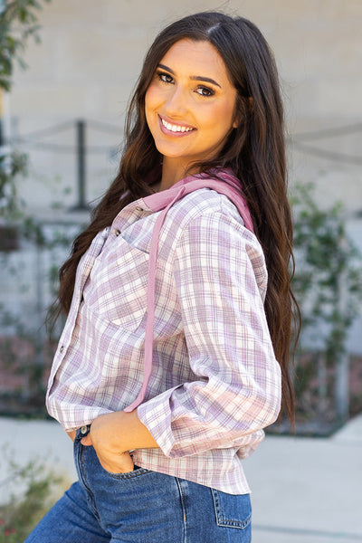 Women's Pink Checkered Hooded Shacket - Relaxed Fit Button-Up Jacket for Casual Chic Comfort and Everyday Style