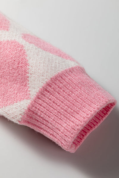 Women's Strawberry Pink Heart Print Knit Sweater | Drop Shoulder Top