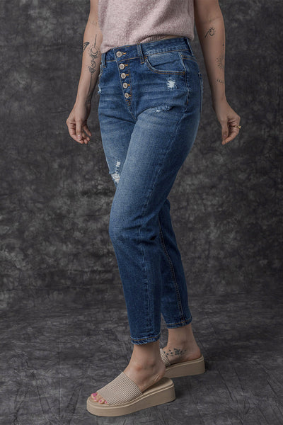 Retro Rolled Hem Single-Breasted Closure Straight Loose Casual Jeans