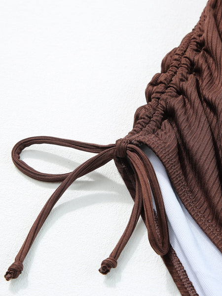 Ribbed Coffee Boho Drawstring Monokini Swimsuit