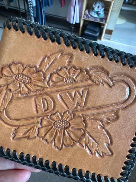 Vintage Hand Carved DW Initial Leather Wallet