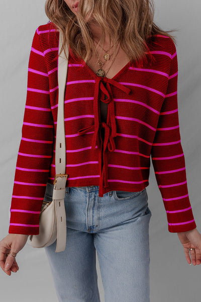 Stylish Women's Red Striped V-Neck Knit Cardigan Sweater with Tie Front for Effortless Comfort and Trendy Looks
