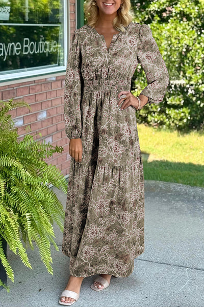 Women's Floral Smocked Waist Maxi Dress in Moss Green