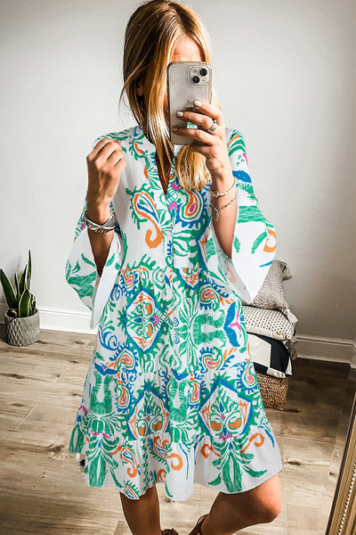 Women's Boho Chic Green Tribal Print Mini Dress with Button Details & Bracelet Sleeves - Perfect for Summer Outings