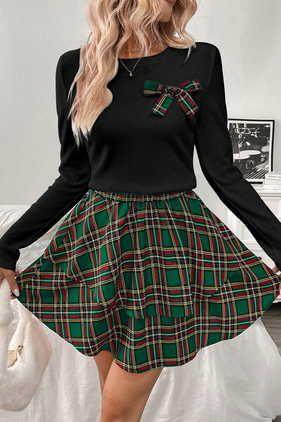 Women's Green Long Sleeve Tee with Plaid Bow & Ruffle Mini Skirt 2-Piece Set - Chic Casual Outfit for Everyday Wear