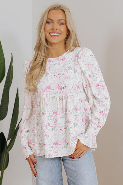 Women's Pink Floral Babydoll Blouse with Balloon Sleeves & Keyhole Back - Stylish, Comfortable Top for Everyday Wear