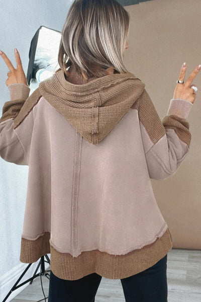 Stylish Women's Oversized Waffle Knit Patchwork Hoodie with Exposed Seams for a Trendy Casual Look