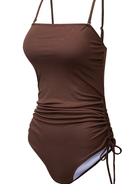 Ribbed Coffee Boho Drawstring Monokini Swimsuit