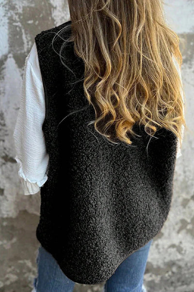 Cozy Women's Black Plush Teddy Vest with V-Neck and Button Front - Perfect Layering Piece for Winter Fashion