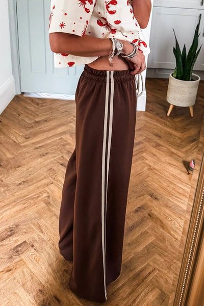 cinnamon wide leg women's pants with varsity stripes and comfortable drawstring waist for effortless style made for easy styling and wardrobe with