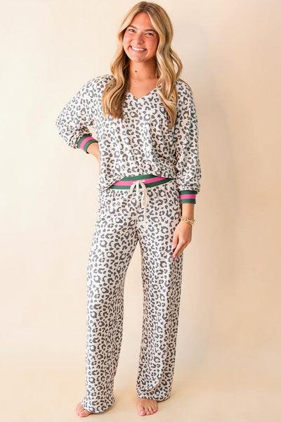 Women's Gray Leopard Print V-Neck Lounge Set with Striped Trim