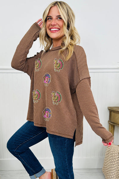 Women's Sequin Turkey Patch Ribbed Top in Dark Khaki