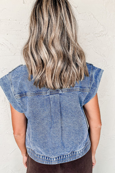 Trendy Women's Blue Acid Wash Denim Vest with Elastic Hem & Button Closure - Stylish Casual Layering Essential