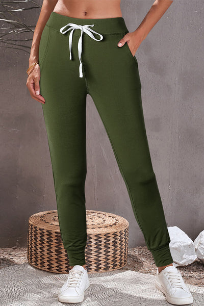 Women's Comfortable Moss Green Joggers with Drawstring, Elastic Waist, and Pockets - Casual Everyday Style