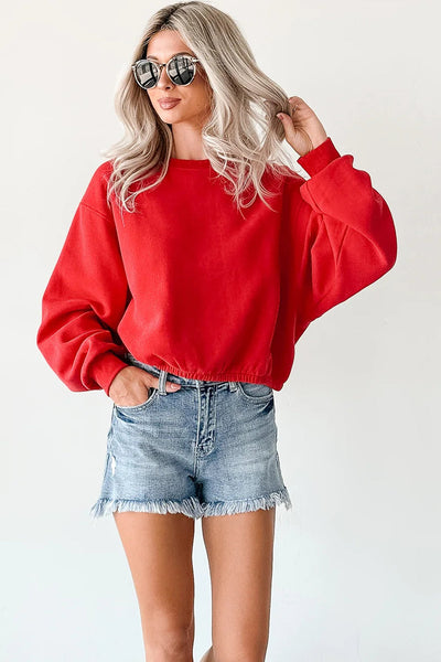 chic women's fiery red cropped sweatshirt with drop shoulders and elastic hem for effortless casual style made for easy styling and wardrobe with