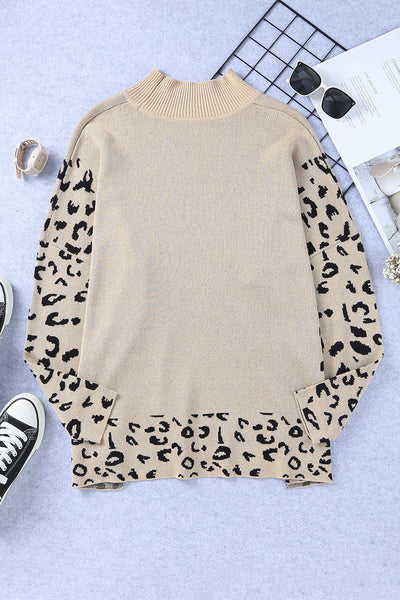 Trendy Women's Oversized Khaki Leopard Print Sweater with High Neck and Side Slits for Cozy Style made for easy styling and wardrobe coordination,