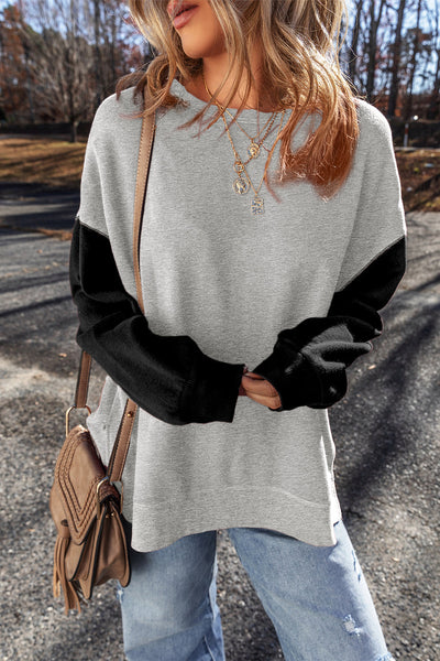 Cozy Women's Gray Two-Tone Patchwork Drop Shoulder Sweatshirt Effortless Casual Style for Everyday Comfort