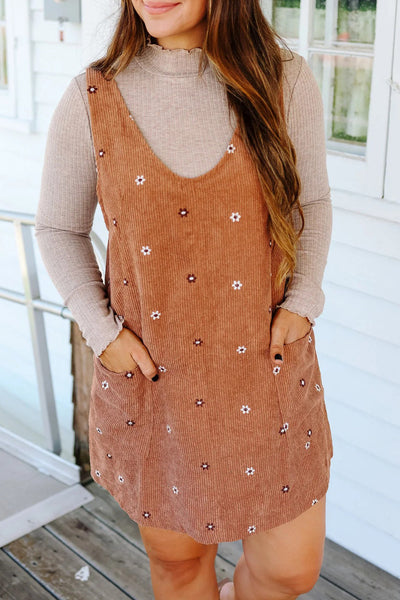 Women's Gold Flame Flower Embroidered Mini Dress - Stylish Corduroy Overall with Adjustable Straps and Trendy Fit