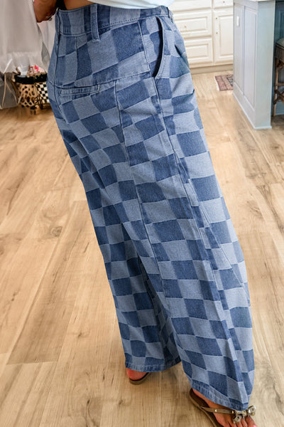 Dusk Blue Checkered Wide Leg Denim Jeans for Women - Stylish, Comfortable Fit for Casual and Chic Looks