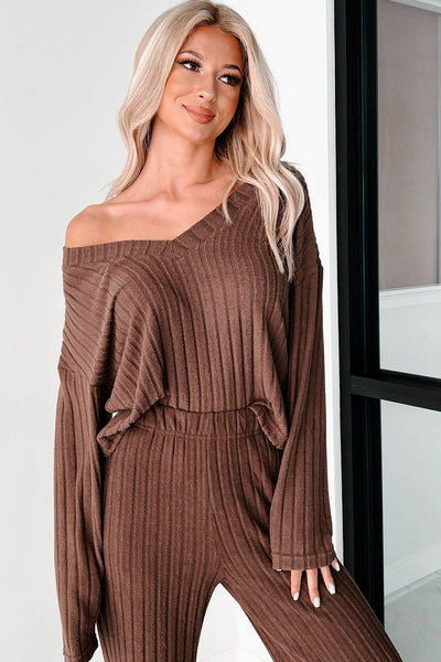Women's Stylish Coffee Wide Rib Knit V-Neck Pullover and Loose Fit Pants Set - Cozy Loungewear for Relaxation