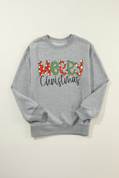 women's mixed-pattern 'merry christmas' gray drop shoulder sweatshirt made for easy styling and wardrobe coordination, with premium-like structure and
