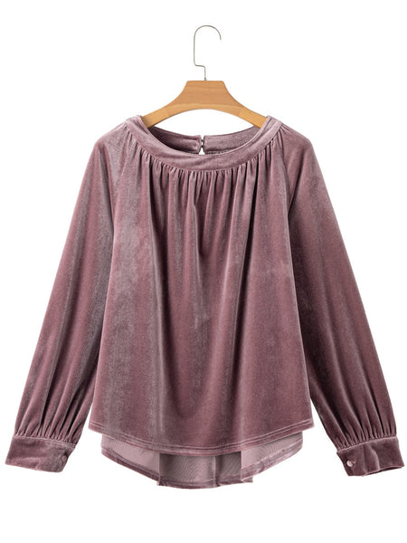 Velvet Keyhole Back Swing Blouse in Rose Tan