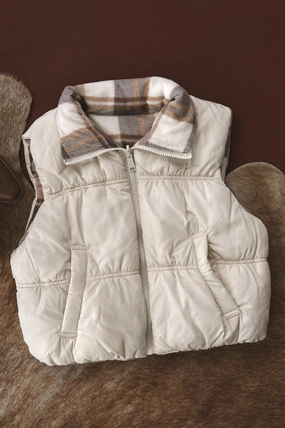 Stylish Women's White Plaid Zip-Up Puffer Vest - Cozy Layer for Fall & Winter Fashion, Perfect for Layering
