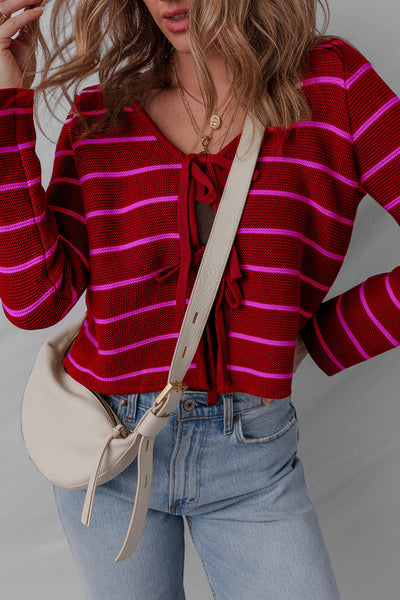 Stylish Women's Red Striped V-Neck Knit Cardigan Sweater with Tie Front for Effortless Comfort and Trendy Looks