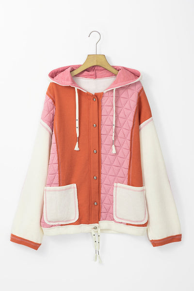 women's coral quilted hooded jacket - textured patchwork design, loose fit, easy and wearable outerwear made for easy styling and wardrobe with