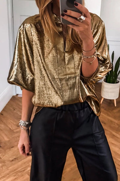 Women's Gold Metallic Split Neck Blouse with Half Sleeves
