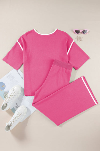 Women's Bright Pink Textured Knit Sweater and Wide-Leg Pant Set
