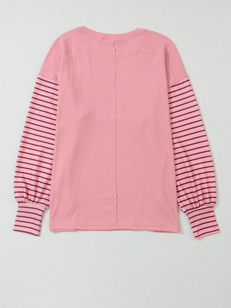 Peach Blossom Striped Bishop Sleeve Patchwork Top with Color Block